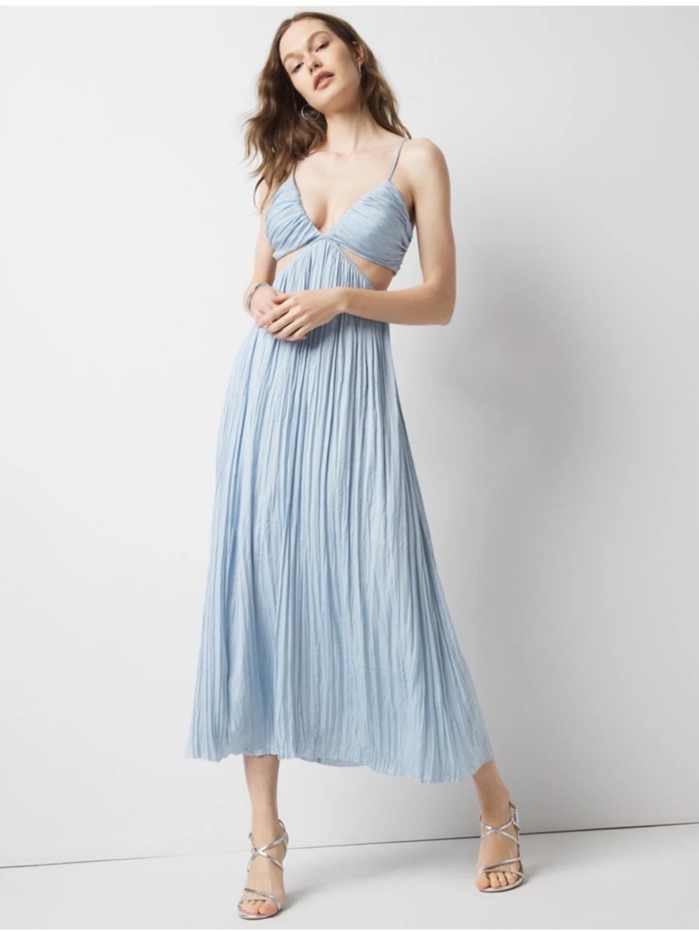WHBM Light Blue Satin Pleated Cutout Spaghetti Strap Maxi Midi Dress Size 4